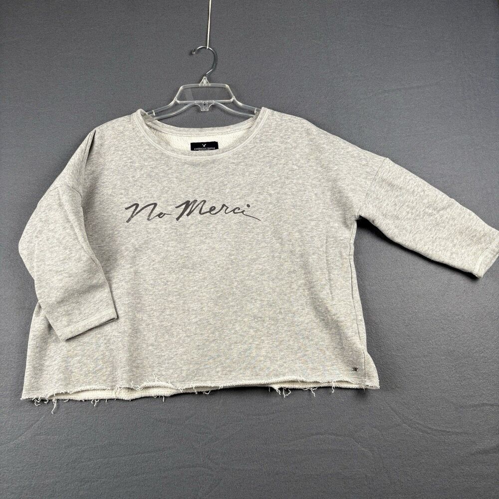 American Eagle Women's Size Small Light Gray Cropped Sweatshirt  "No Merci"